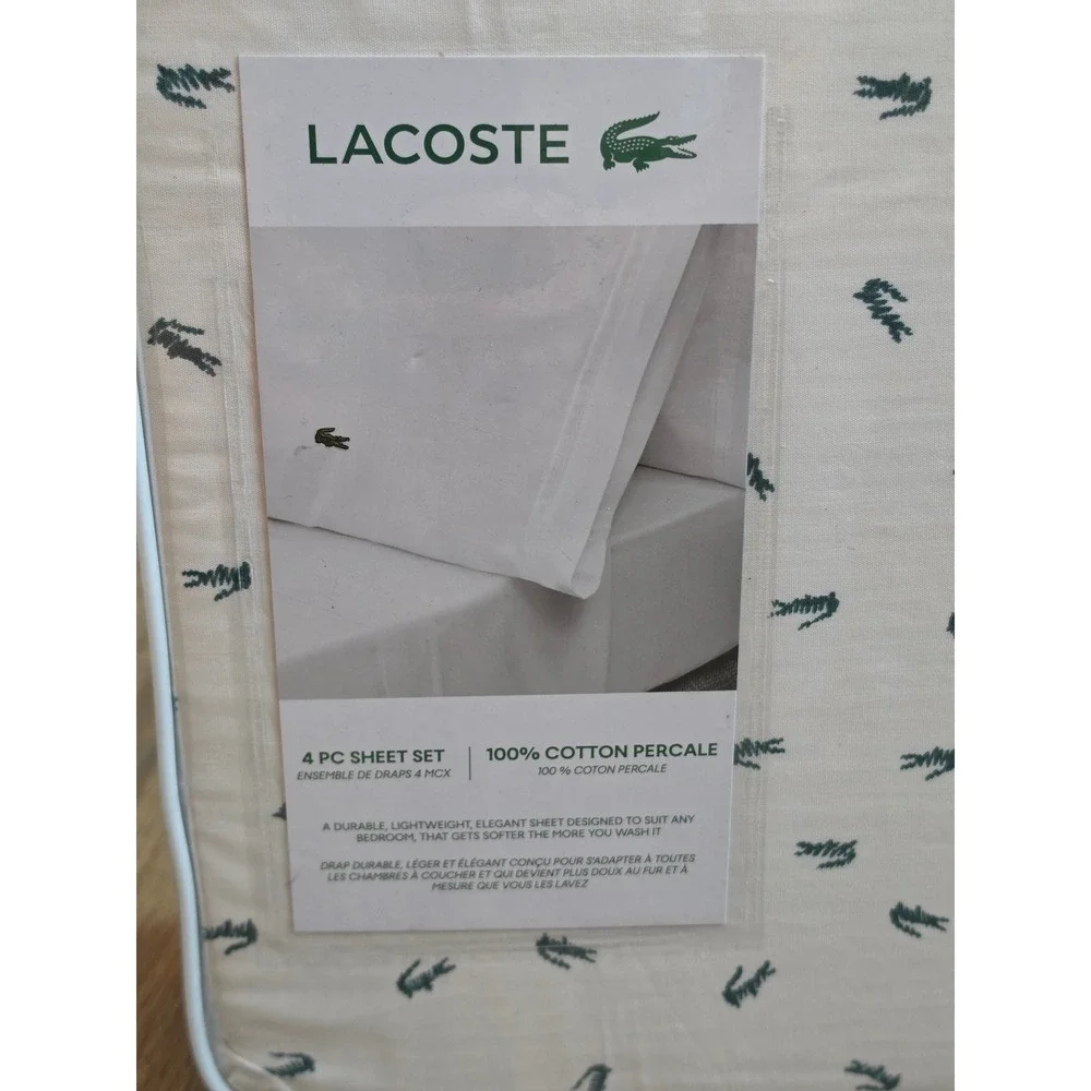 Lacoste Cal King 4pc Sheet Set 100% Cotton Percale Doodle Croc White Dark Green